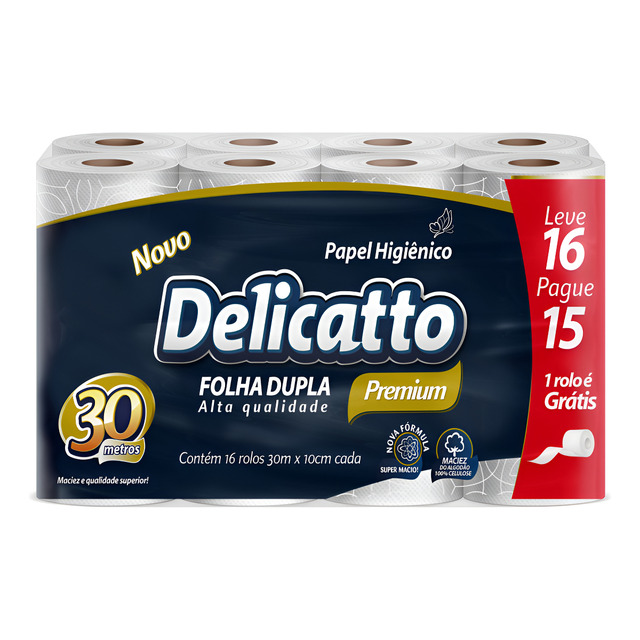 Papel Higiênico Folha Dupla 30m Delicatto 16 Unidades