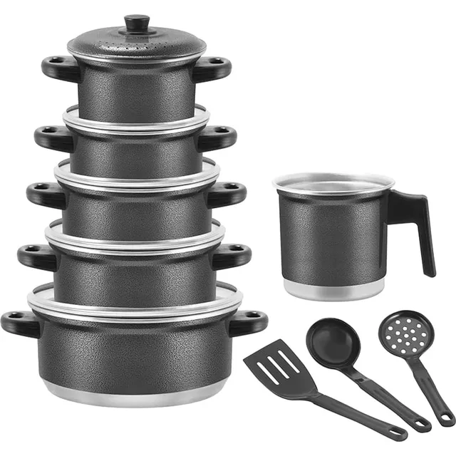 Jogo De Panela Caçarola + Caneco(leiteira) Kit 9 Peças Cor Preto Craqueado