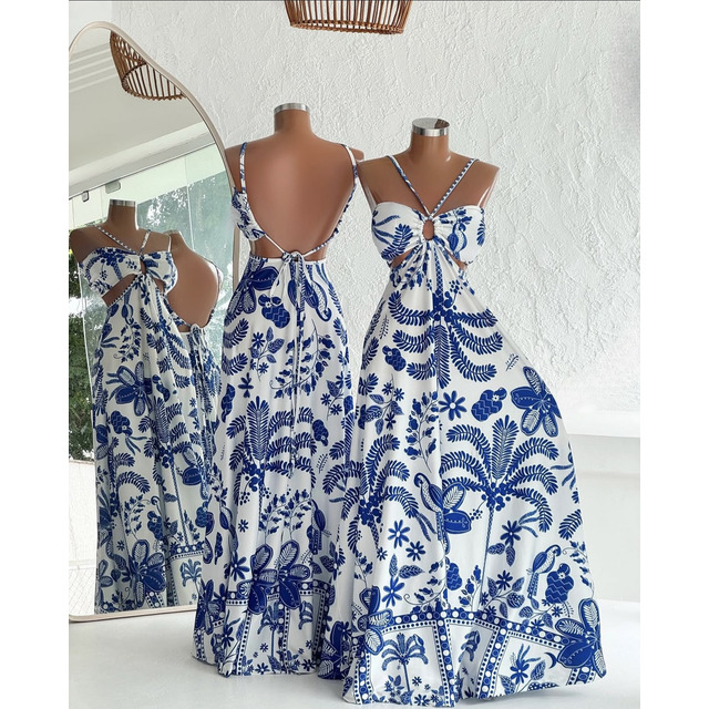Vestido Ester Feminino Longo Floral Recorte Na Cintura