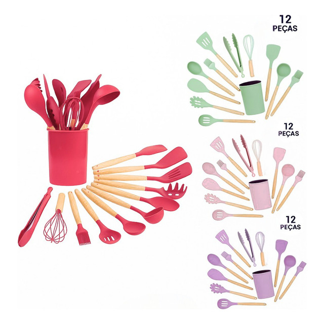 Kit 12 Escumadeira Pegador Silicone Premium - Cores Sortidas