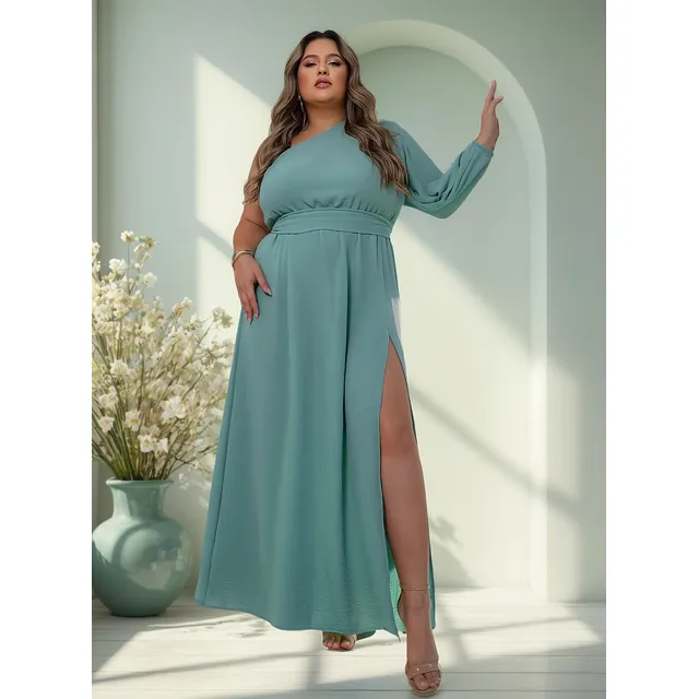 Vestido Longo Feminino Plus Size Manga Única Fenda