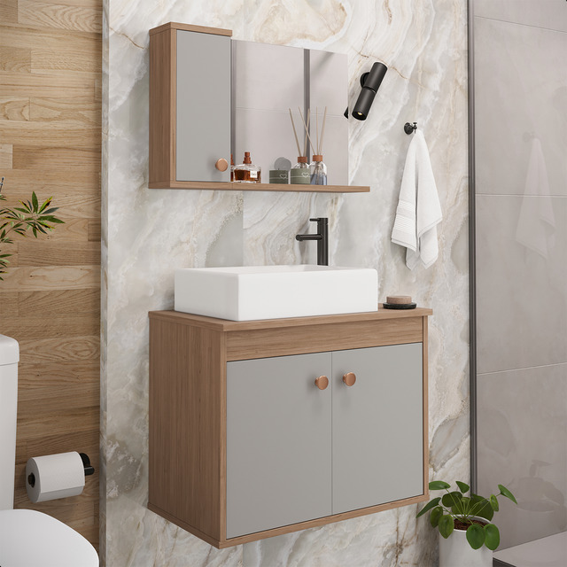 Conjunto Gabinete Armário Banheiro Balcão Completo Com Cuba - Avelato Cinza - Branco - Um Furo