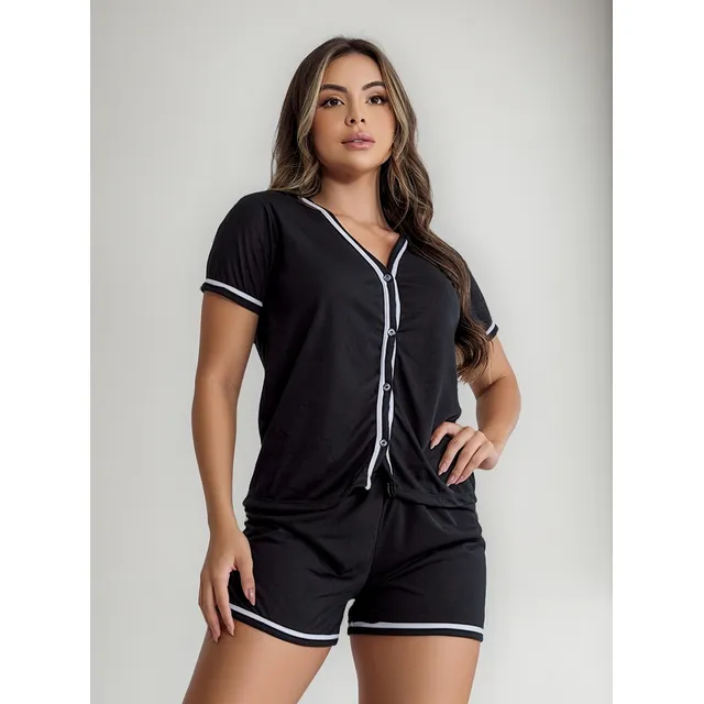 Pijama Feminino Blogueira Americano Curto Botões