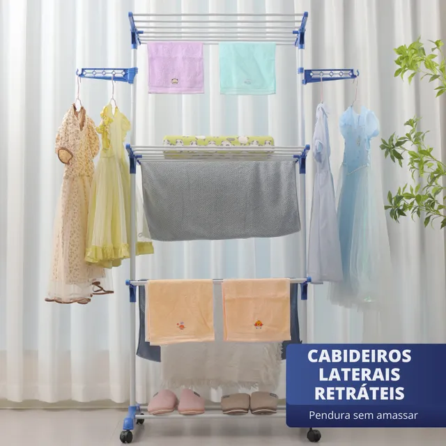 Super Varal De Chão Aço 3 Andares Dobrável Retrátil Resistente Multiuso Grande Super Pratico Para Roupas Com 4 Rodas Vertical Compacto Fácil Montagem