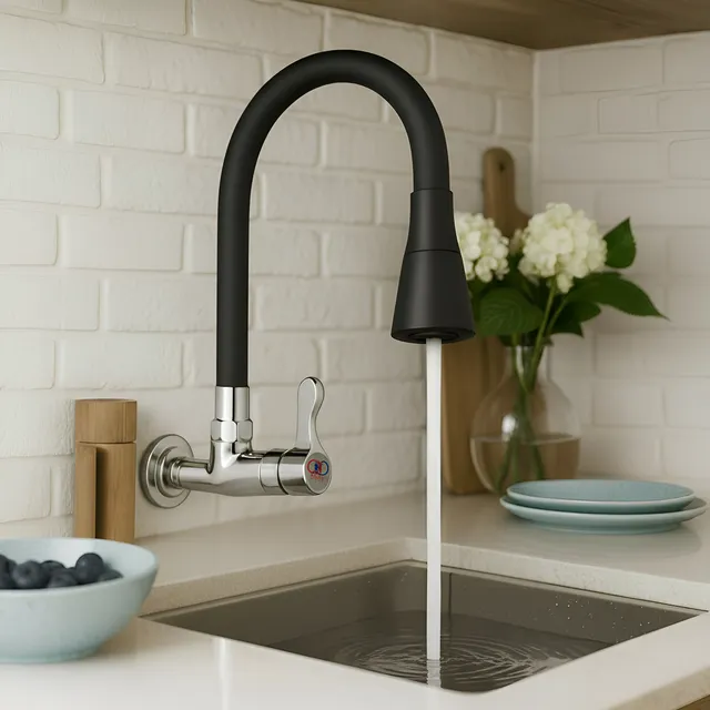 Torneira Cozinha Parede Flexível Metal Gourmet 2 Jatos Nuxli Preto Cromado