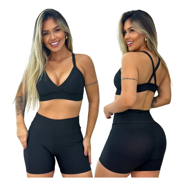 Conjunto Short E Top Academia Feminino Cós Alto Neutro