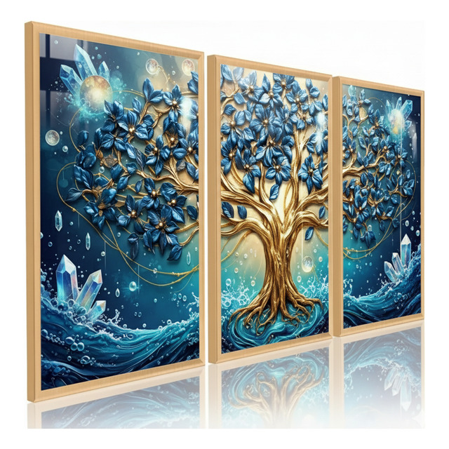 Quadros De Árvore Da Vida 3d Azul Ouro Velho Clássica 122x60 Natureza Borda Infinita