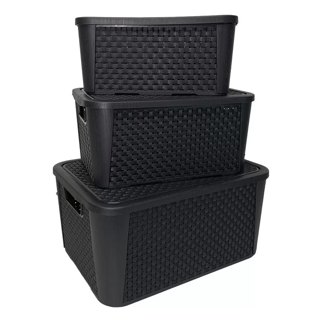 Kit 3 Caixas Organizadora Rattan P M G Cor Preto Preto Listras