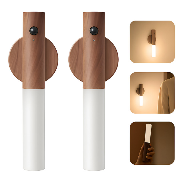 Kit 2 Luminária Recarregável Luz Led Sensor Presença Madeira