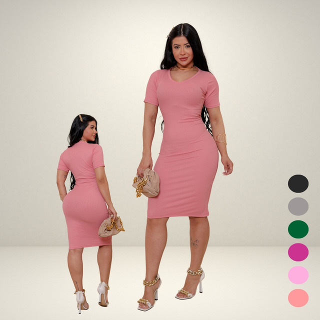 Vestido Midi Canelado Casual Basico Mulher Tubinho Elegante