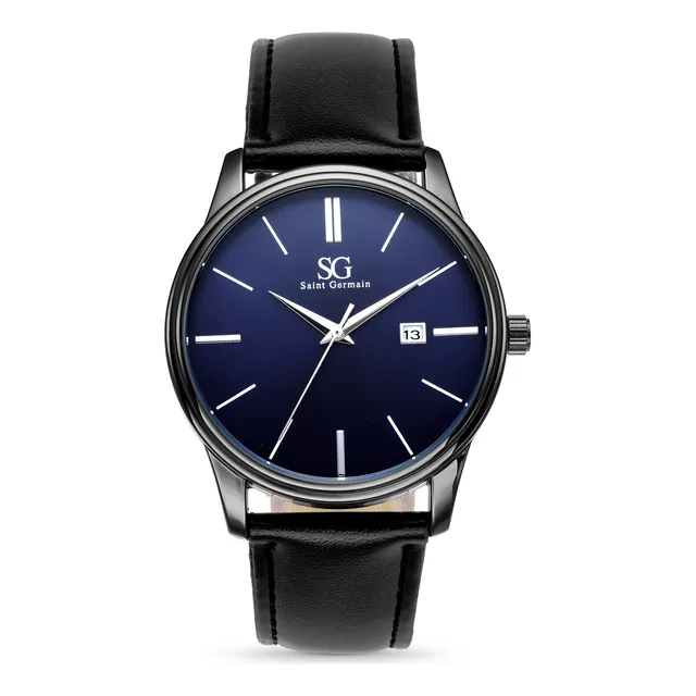 Relógio Masculino Preto Saint Germain Correia De Couro Preto Caixa Preta Fundo Azul Marinho 42mm Elegante Clássico