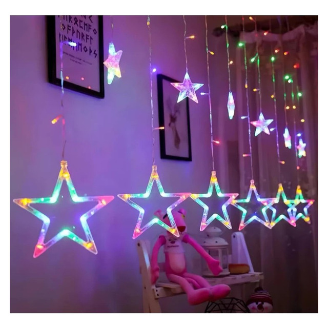 Cascata Led Com Estrelas Decoração 8 Funções Pisca Natal