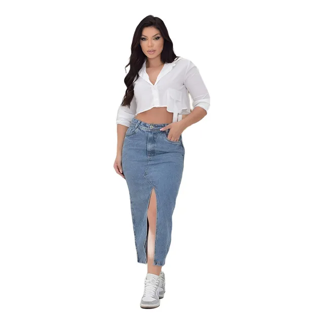 Saia Jeans Feminina Longa Midi Evangélica Cintura Alta