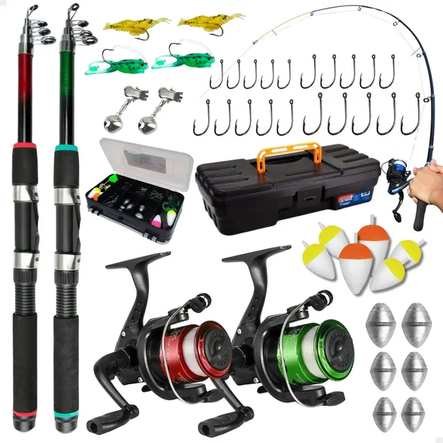 Pescamping Kit Pesca Completo 2 Varas Fibra De Vidro E 2 Molinetes Leve Com Linha Estojo E Maleta Com Acessórios - Tralha de Pescaria