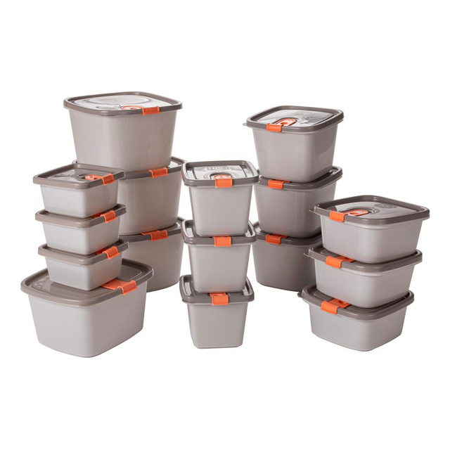Conjunto De Potes De Plástico Tampa Fixa 16 Peças Plasútil Tampa Fendi 206/ Corpo Cinza 1462/ Valvula Laranja 580