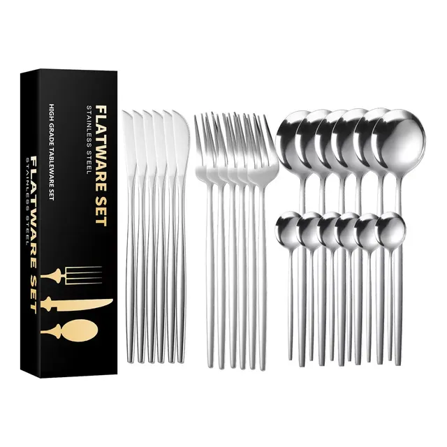 Kit 24 Peças Jogo De Talheres Dourados Aço Inoxidável 416 Prateado