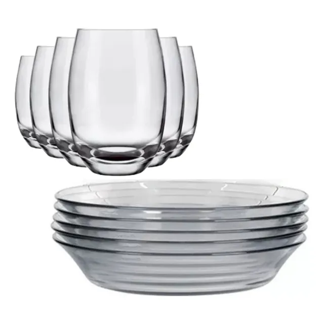 Jogo De 6 Pratos E 6 Copos Vidro Elegante Buffet Restaurante Transparente