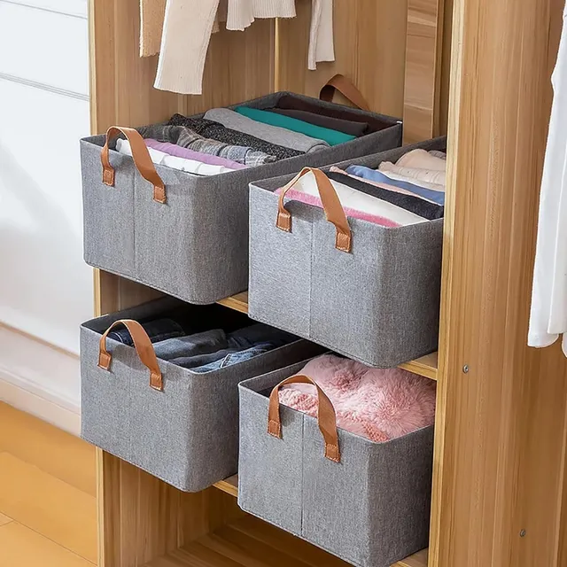 Kit 4 Cesto Caixa Organizadora Grande Dobrável Guarda Roupa Cinza-escuro