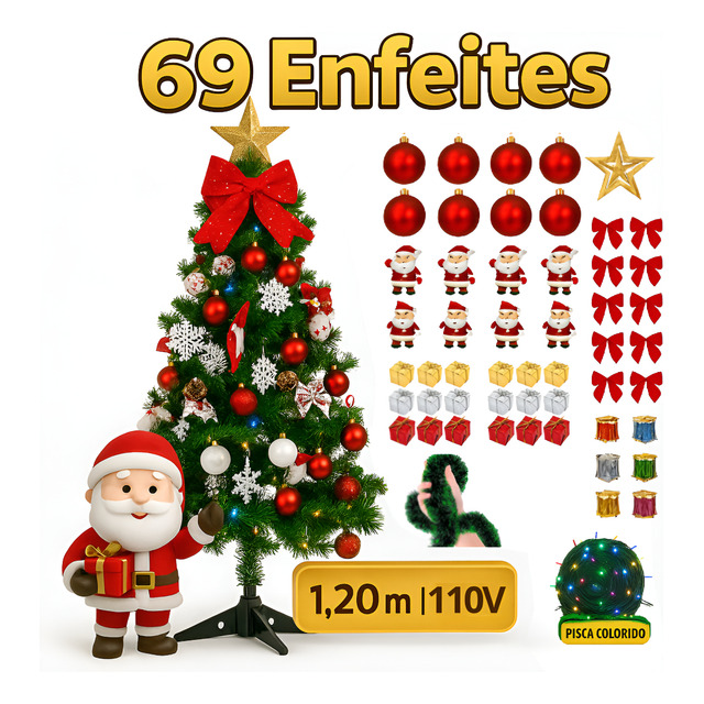 Árvore De Natal 1,20m 120cm 110v Kit Decorada Verde Pinheiro Canadense Cheios Grande Pé De Ferro Premium Nfe Luzes De