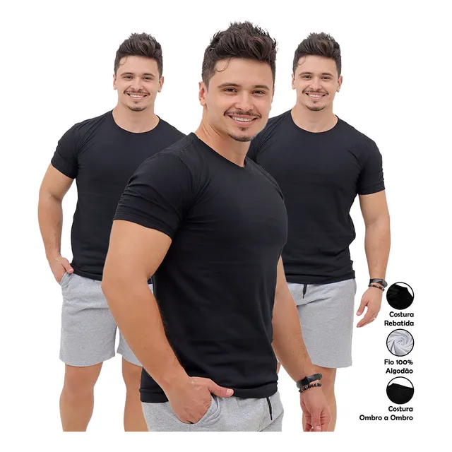 Kit 3 Camiseta Masculina Basica 100% Algodão 30.1 Premium