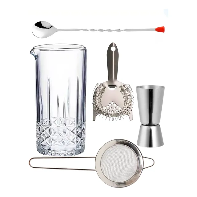 Kit De Barman Com Mixing Glass Strainer Dupla Coagem 5 Peça