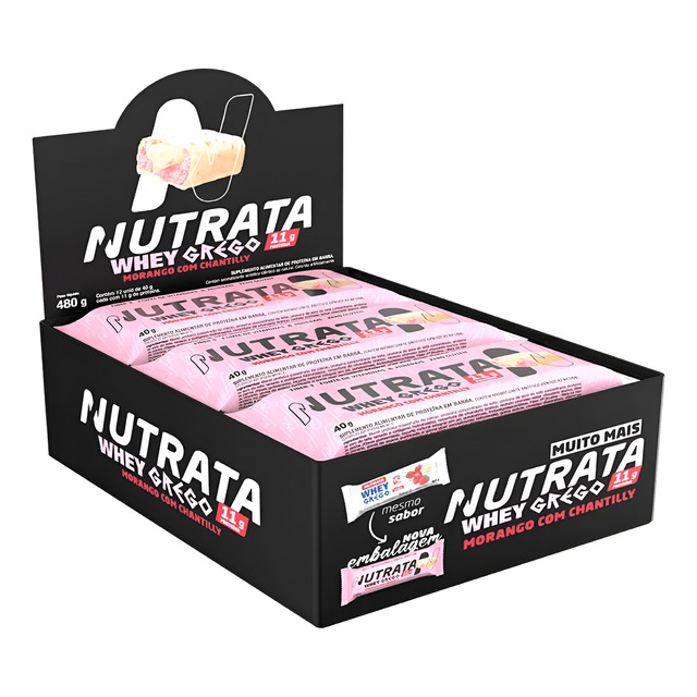Barra Whey Grego 40g Display com 12 unidades Morango com Chantilly Nutrata