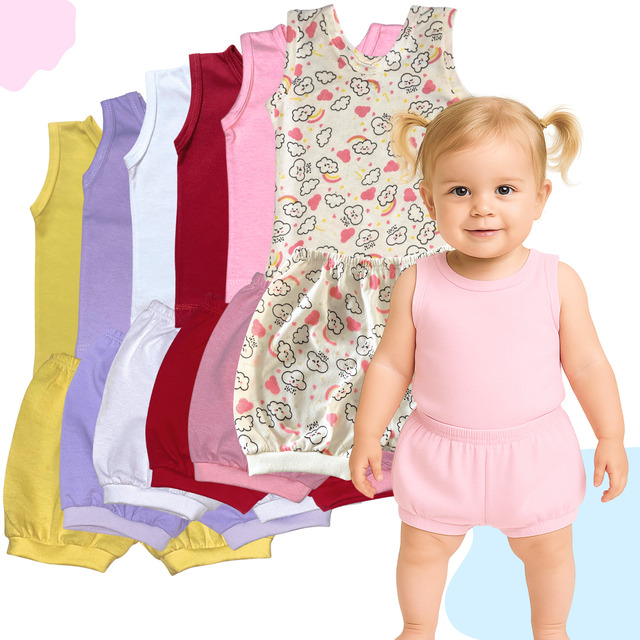 Kit Verão Bebê 12 Pçs  Conjunto Regata E Short Tapa Fralda