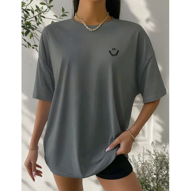 Camiseta Feminina T-shirt Oversized Estampa Smile Em Algodão