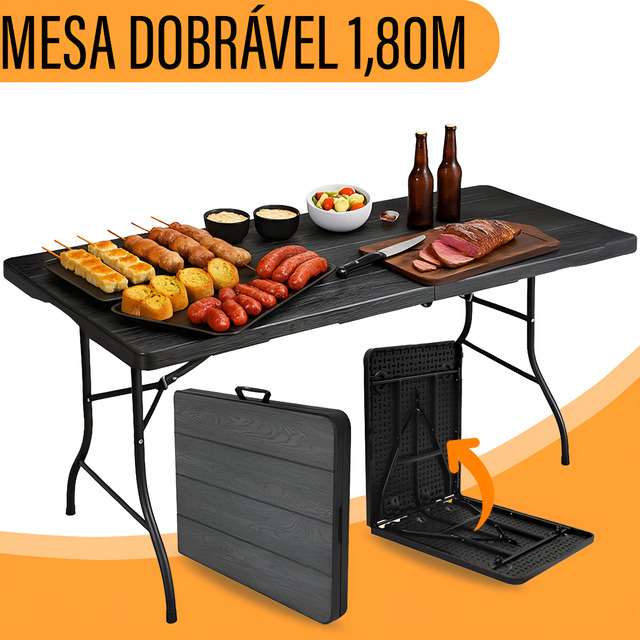 Yab - Mesa Dobrável 1,80 M Vira Maleta C/ Alça Resistente Camping Praia Premium Área Externa/interna 180cm Portátil - Cor Preto Amadeirado