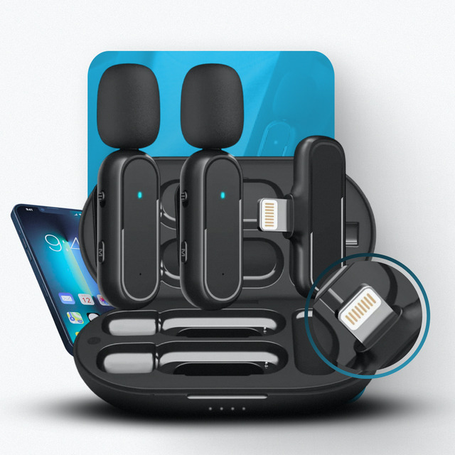 Microfone Sem Fio Profissional Lapela Duplo Compatível Ios Celular Portátil Gravação Podcast Aula Online Entrevista