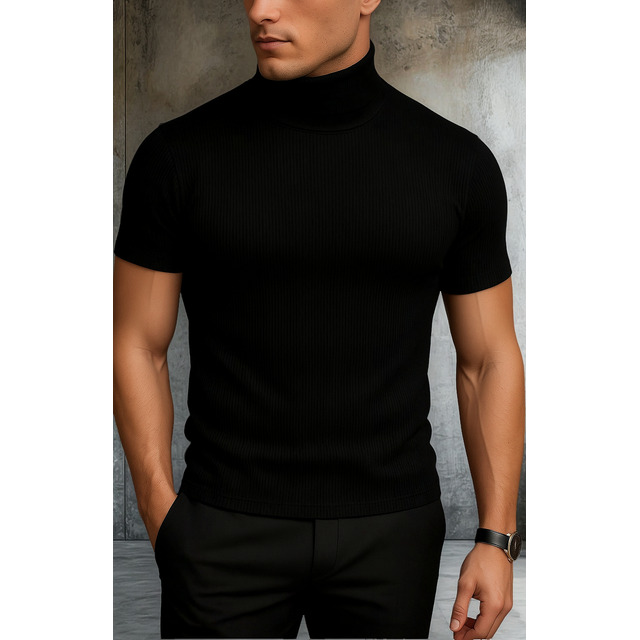 Camisa Masculina Malha Canelada Manga Curta Slim Luxo