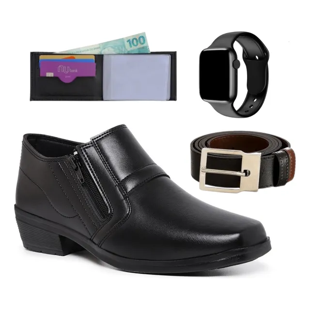 Botinha Social Masculina Zíper Kit Cinto Relógio Carteira