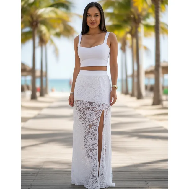 Conjunto Renda Cropped E Saia Longa Vestido Feminino Roupas