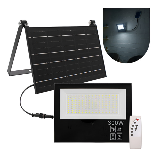Refletor Solar Led 300w Prova Dágua Sensor Ajustável 2em1 Branco Frio Preto