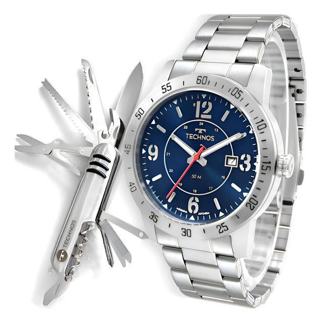Kit Technos Masculino Militar Relógio Analógico Com Canivete Correia Prateado Bisel Prateado Fundo Azul-escuro