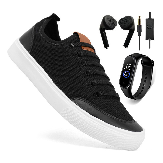 Kit Tênis Elástico Calce Fácil + Relógio+ Fone De Ouvido