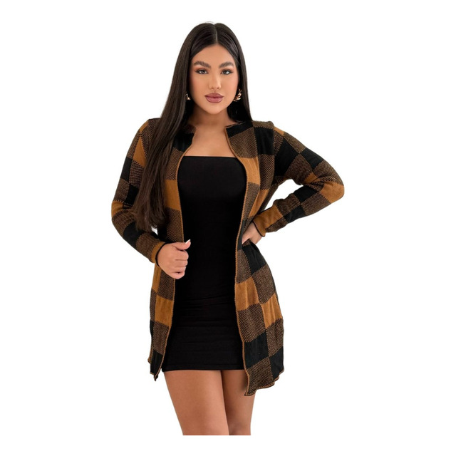 Kimono Xadrez Tricot Feminino Sobretudo Grosso Inverno