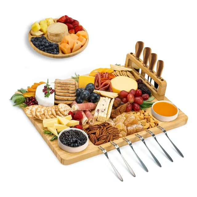 Kit Tábua Grande Para Queijos E Frios Com Petisqueira Bambu Circular Tabua de 40cm x 29,5cm para Servir e Organizar Mesas Encontro Familiar Amigos e R