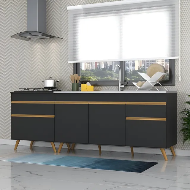 Kit Armário Balcão de Cozinha Gabinete para Pia 150cm e Balcão para Cooktop 70cm com Tampo Veneza GB Multimóveis MP2073 Preto