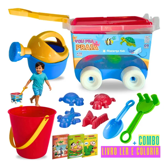 Kit Baldinho Praia Com Carrinho 9 Peças Brinquedo Infantil Criança Brincar na Areia Atacarejo Kids