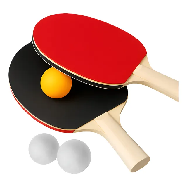 Kit Ping Pong Com 2 Raquetes E 3 Bolinhas Tênis De Mesa Preto Com Vermelho Madeira