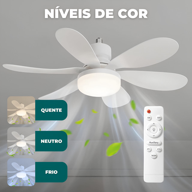 Ventilador de Teto Silencioso Econômico com Luz Led Lâmpada 60w Embutida 3 Cores Ajustáveis Modos Timer Controle Remoto Instalação Fácil no Bocal, Ide