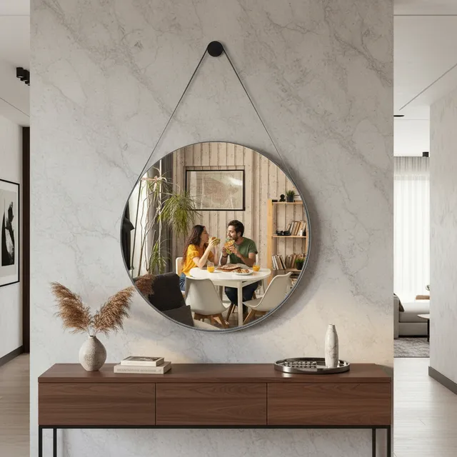 Espelho De Banheiro Decorativo Redondo 60cm com Alça De Couro