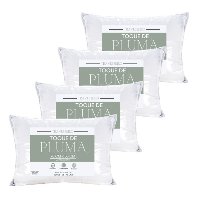 4 Travesseiros Toque Pluma 70x50 Macio Antialérgico Branco