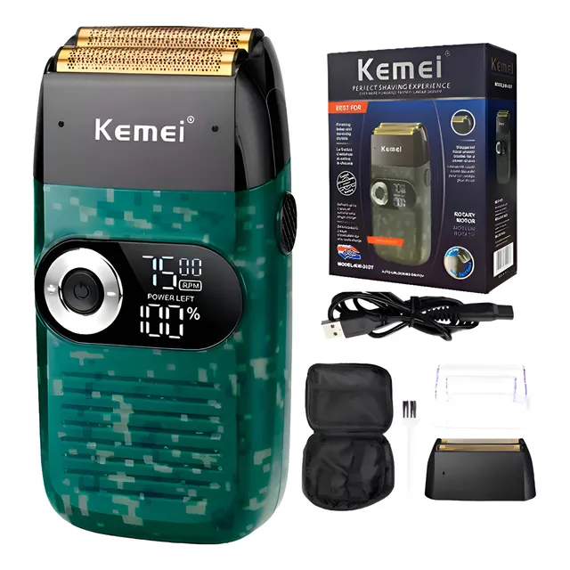 Barbeador Elétrico Kemei Km2027 Profissional Verde Camuflado