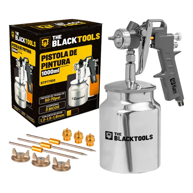 Pistola Pintura Sucção 1000ml 3 Bicos 1.2 1.5 1.8 - Btpt1100 Profissional The Black Tools