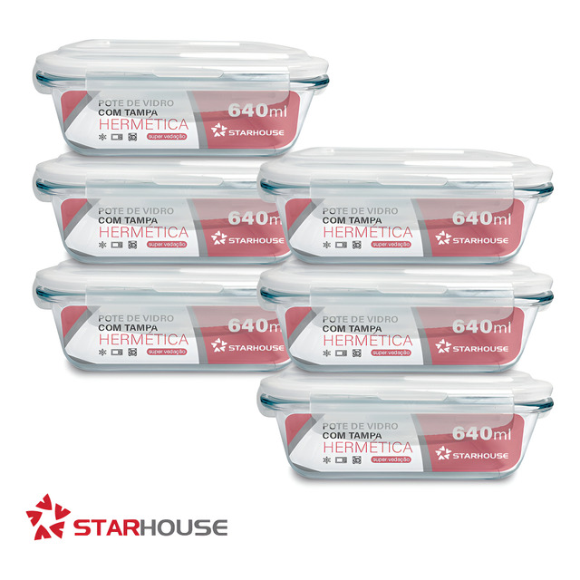 Kit 6 Potes 640ml Vidro Hermético 4 Travas Marmita Refratario Star House