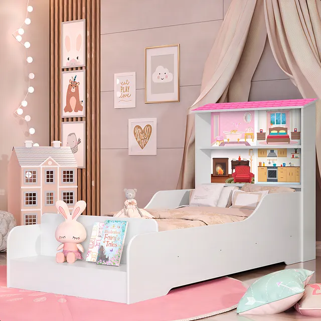 Cama Infantil Liz Prateleira Casa Princesa Com Nicho e Sapateira Para Quarto De Menina e Colchão Juvenil