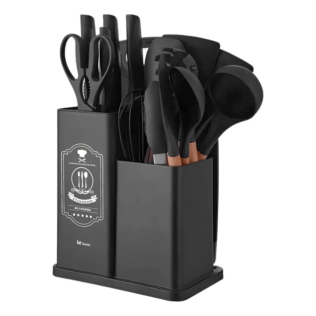 Jogo de Utensílios 19 Peças em Silicone Preto com Cabos de Madeira 32cm Resistentes ao Calor Design Moderno com Balde Organizador e Acessórios Incluso