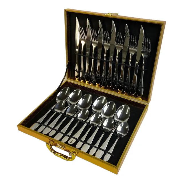 Kit Talheres Inox 24 Peças Com Maleta Dourada